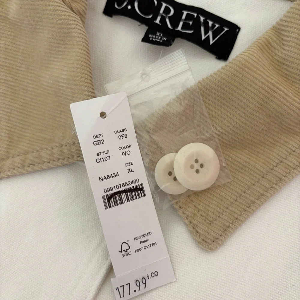 NWT!! J. CREW Barn Jacket Canvas Ivory Corduroy Collar Pockets Outdoors‎ X-Large
